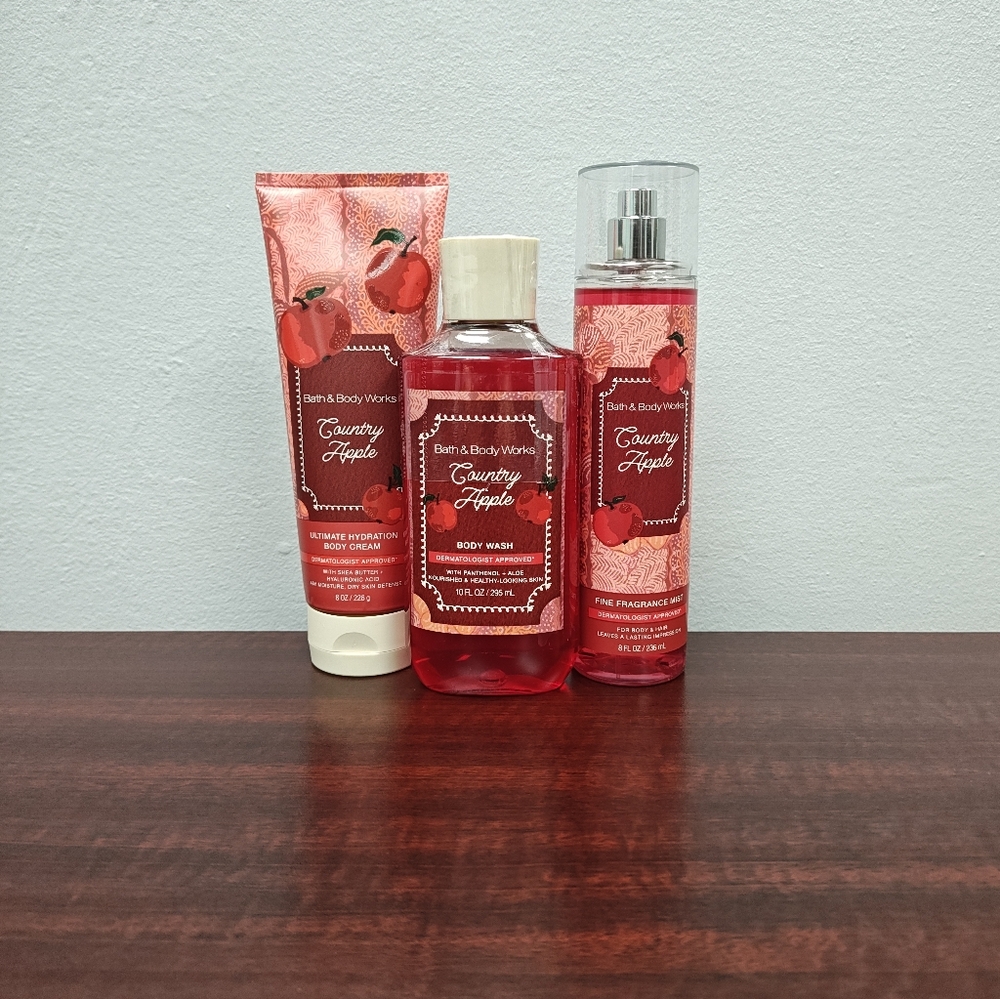Bath & Body Works COUNTRY APPLE 3 Piece Body Care Bundle Set
